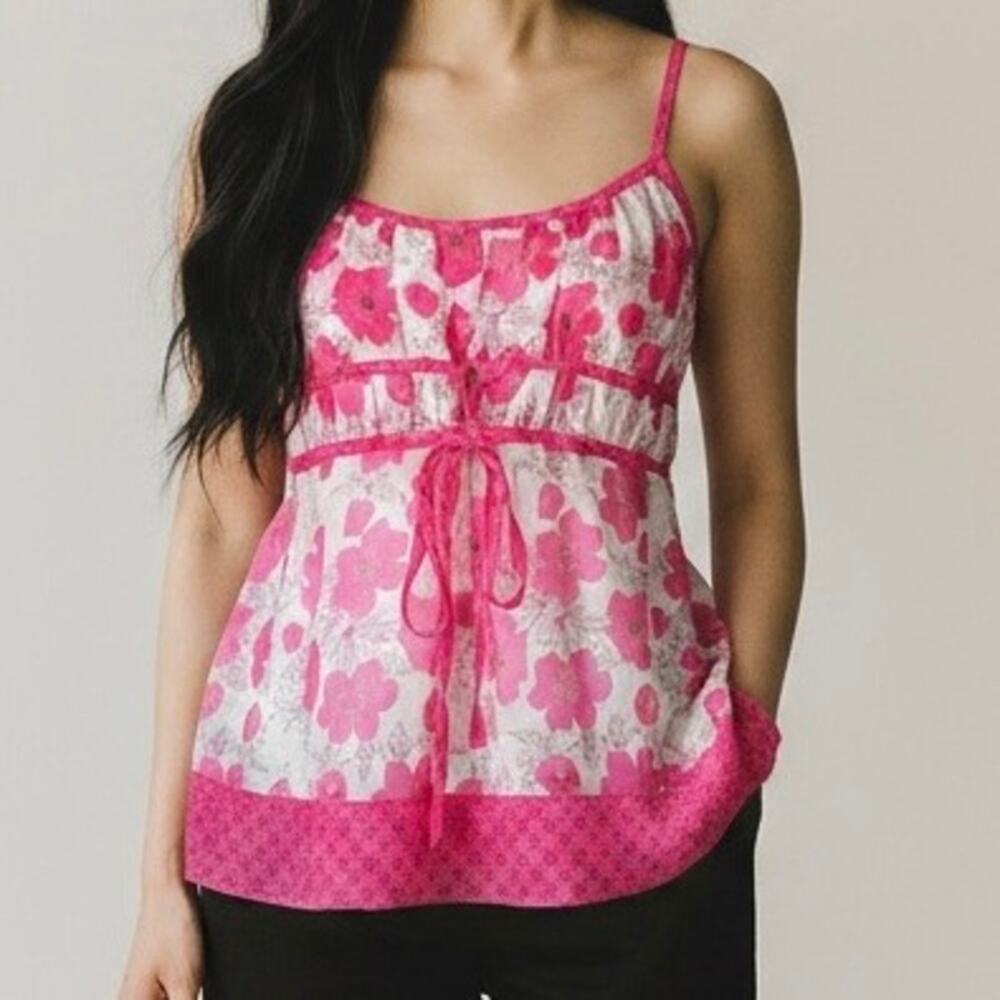 Vintage Guess Jeans Top Womens Large Pink Floral Babydoll Tank Chiffon Y2K 90s